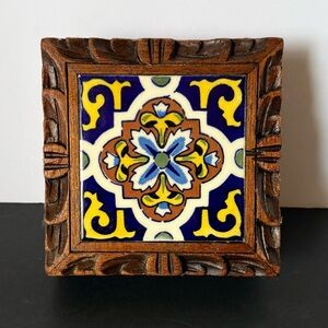 Vintage Mexican Talavera Tile in Hand-Carved Wooden Hinged Trinket Box Folk Art
